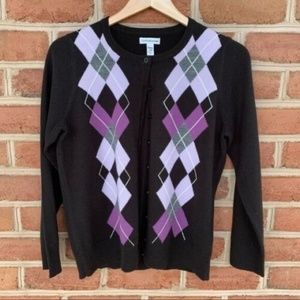Croft and Barrow Cardigan Sweater - Black/Argyle, Size Petite Medium